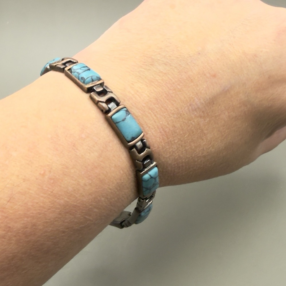 Magnetic Therapy Bracelet Copper Tone Faux Turquoise Link Stone Blue 8 Inch